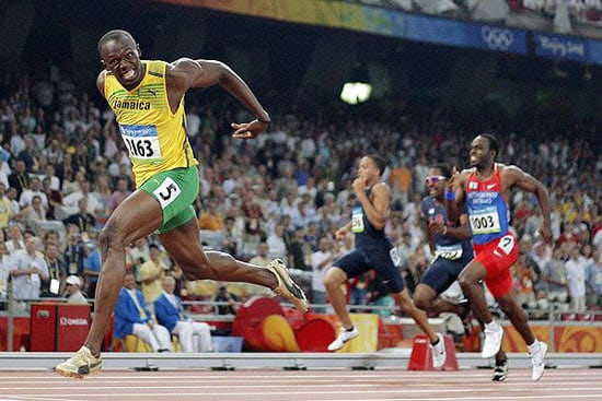 Usain Bolt celebrates after setting 200m world record at Beijing Olympics